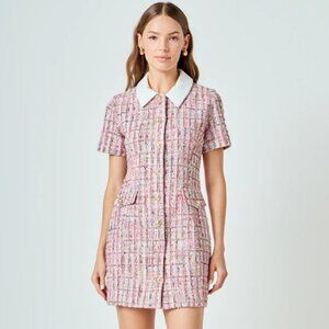 Endless Rose Pink Multi Tweed Collared Short Sleeve Dress NWT, XS